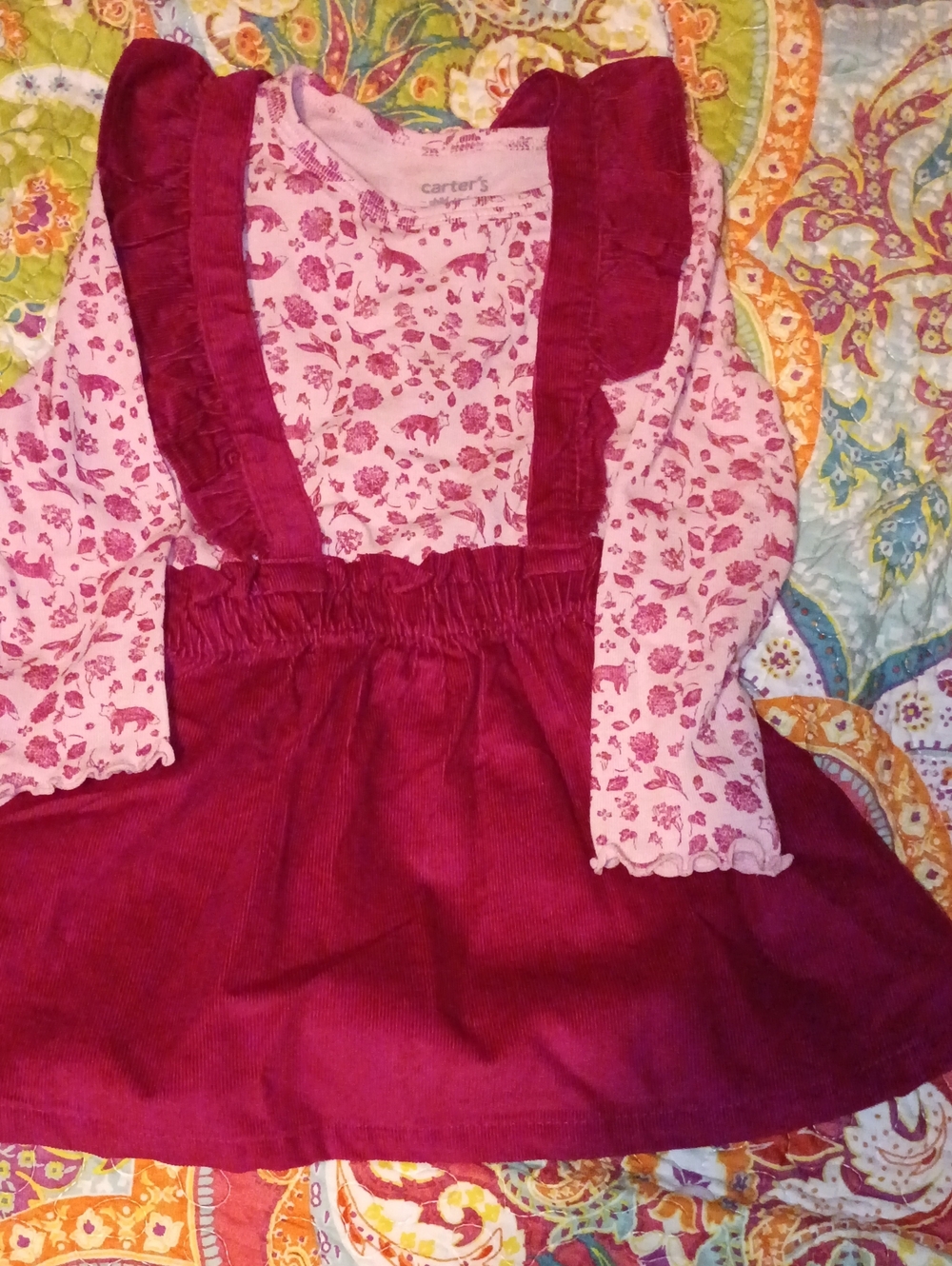 Carter's Pink Floral Long-Sleeve Top with Burgundy Pinafore Dress
